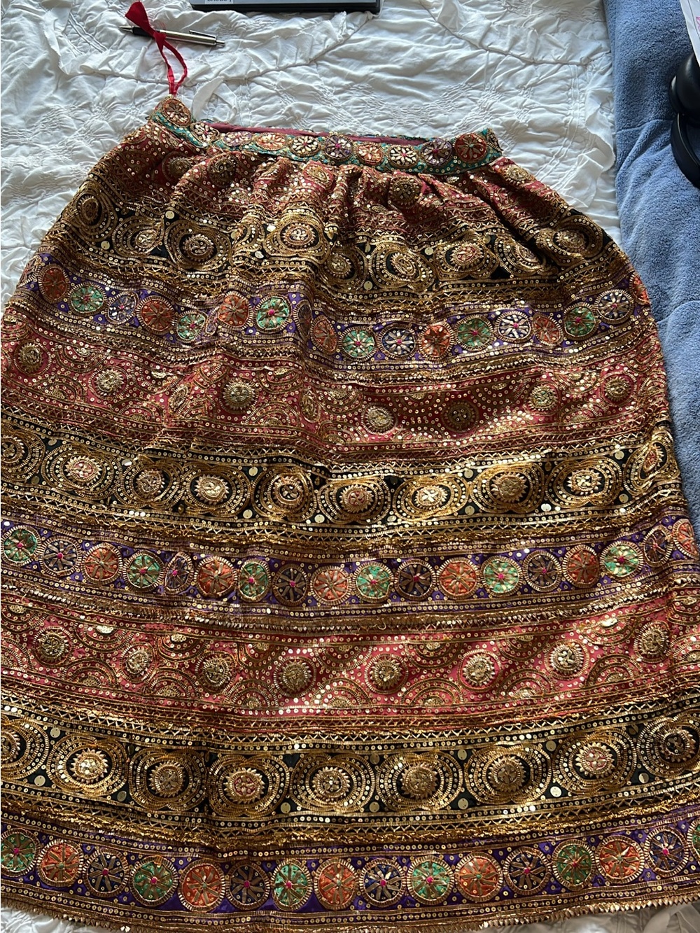 Vintage Embroidered Gold and Multicolor Beaded Women's Skirt with Waist Ties